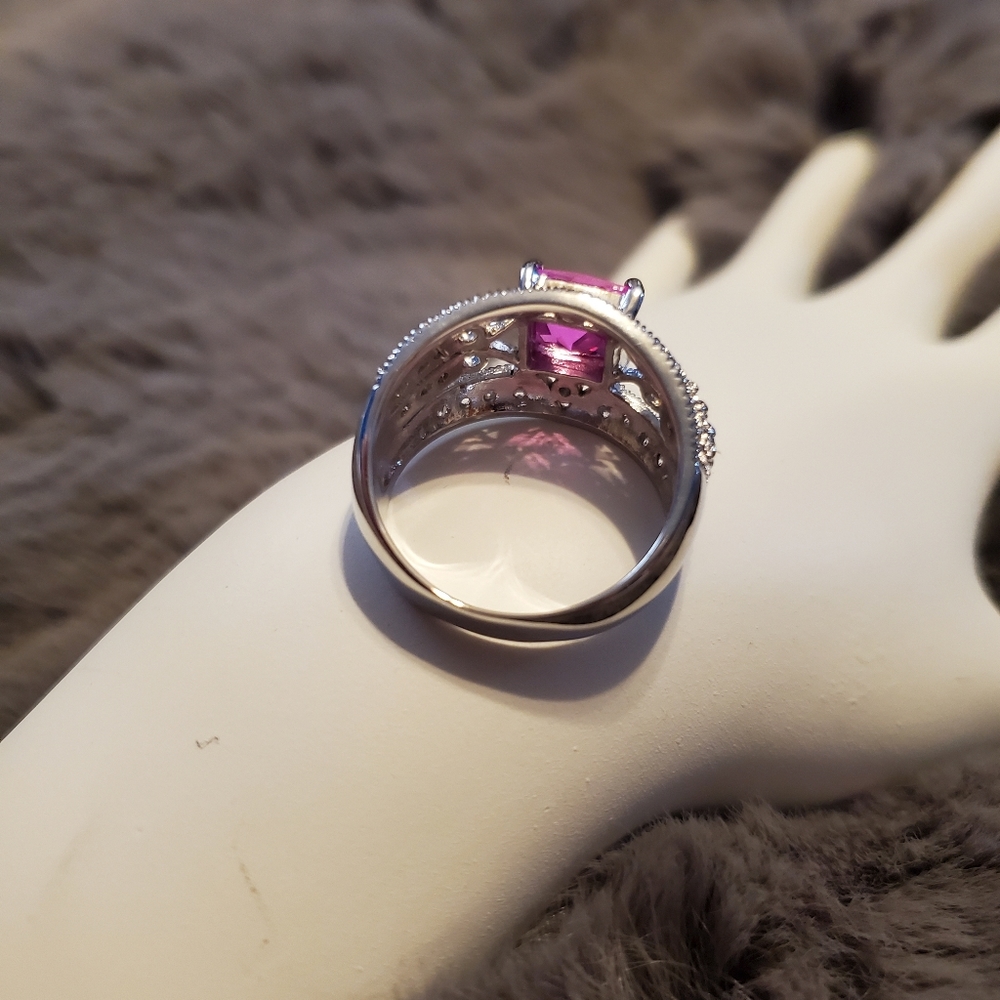 Lab Created Pink Sapphire w/28 CZ SS Ring, Sz 9 - Picture 10 of 12